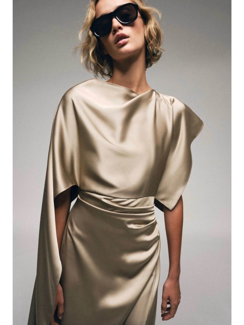 Satin Draped Cape Sleeve Dress in Champagne